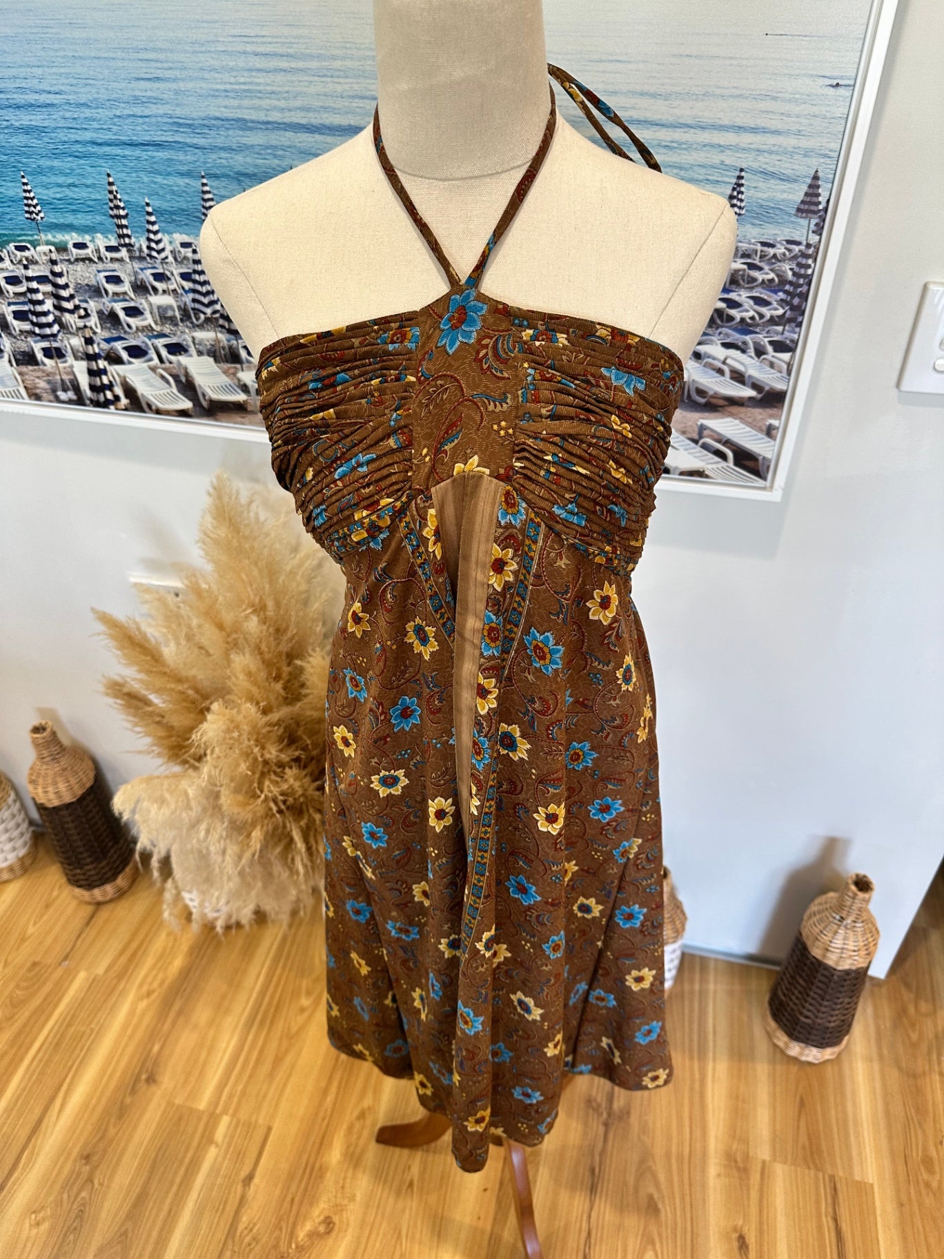 Karmasauticals - Bohemian Halterneck Dress - One Size - Brown with blue 