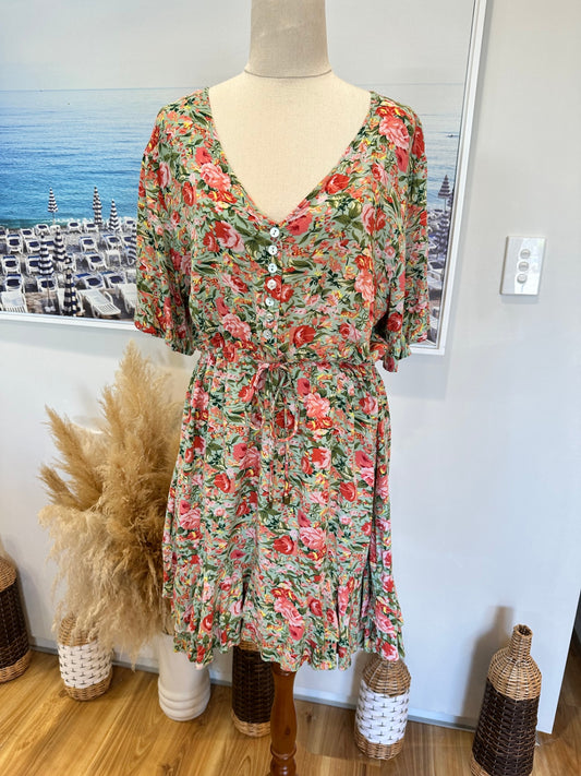 Zen Garden - Bohemian Dress - Large - Pink + Green