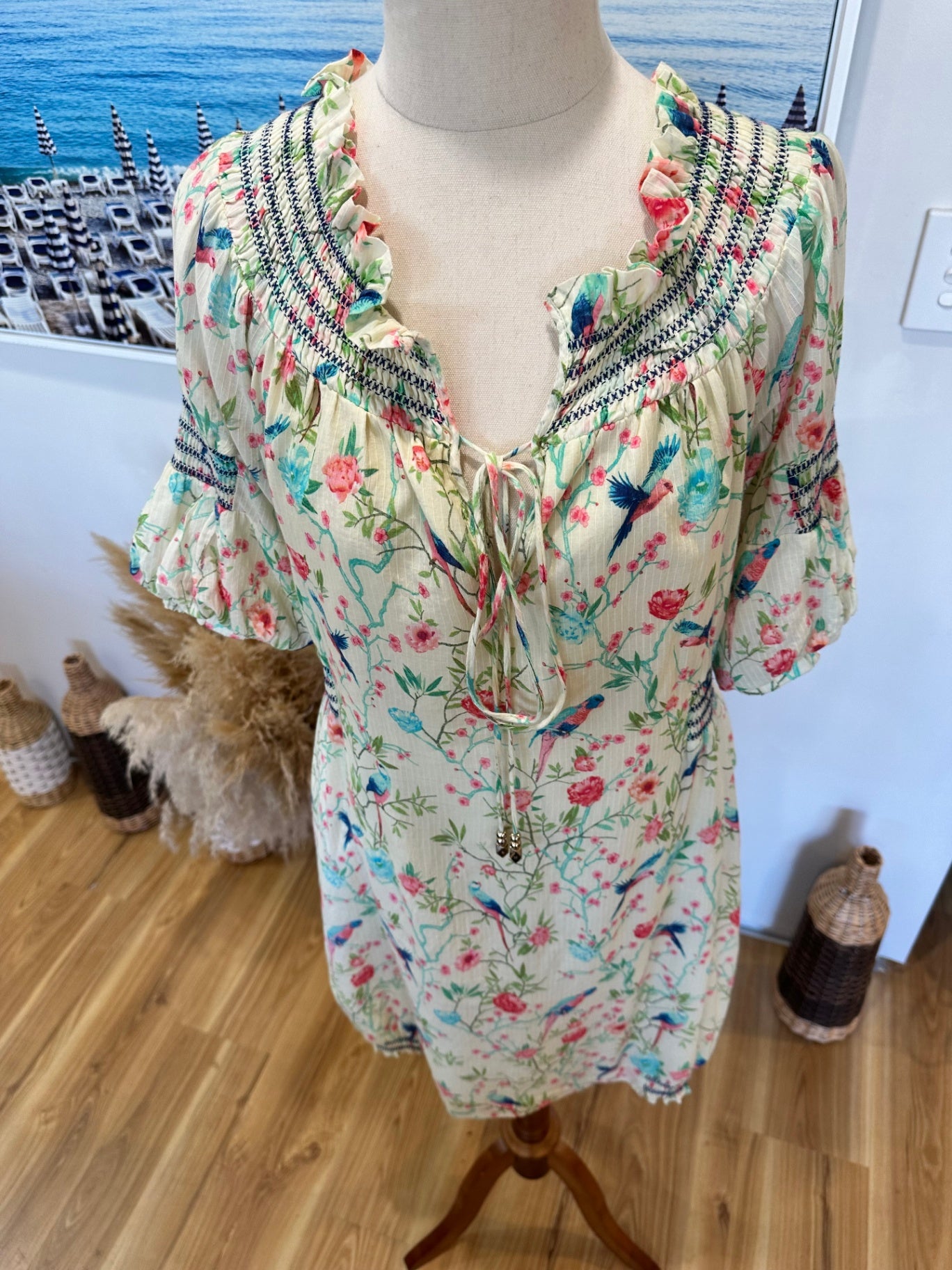 H&M Collab - Bohemian Dress - Size 8 - Lemon / Aqua / Pink 