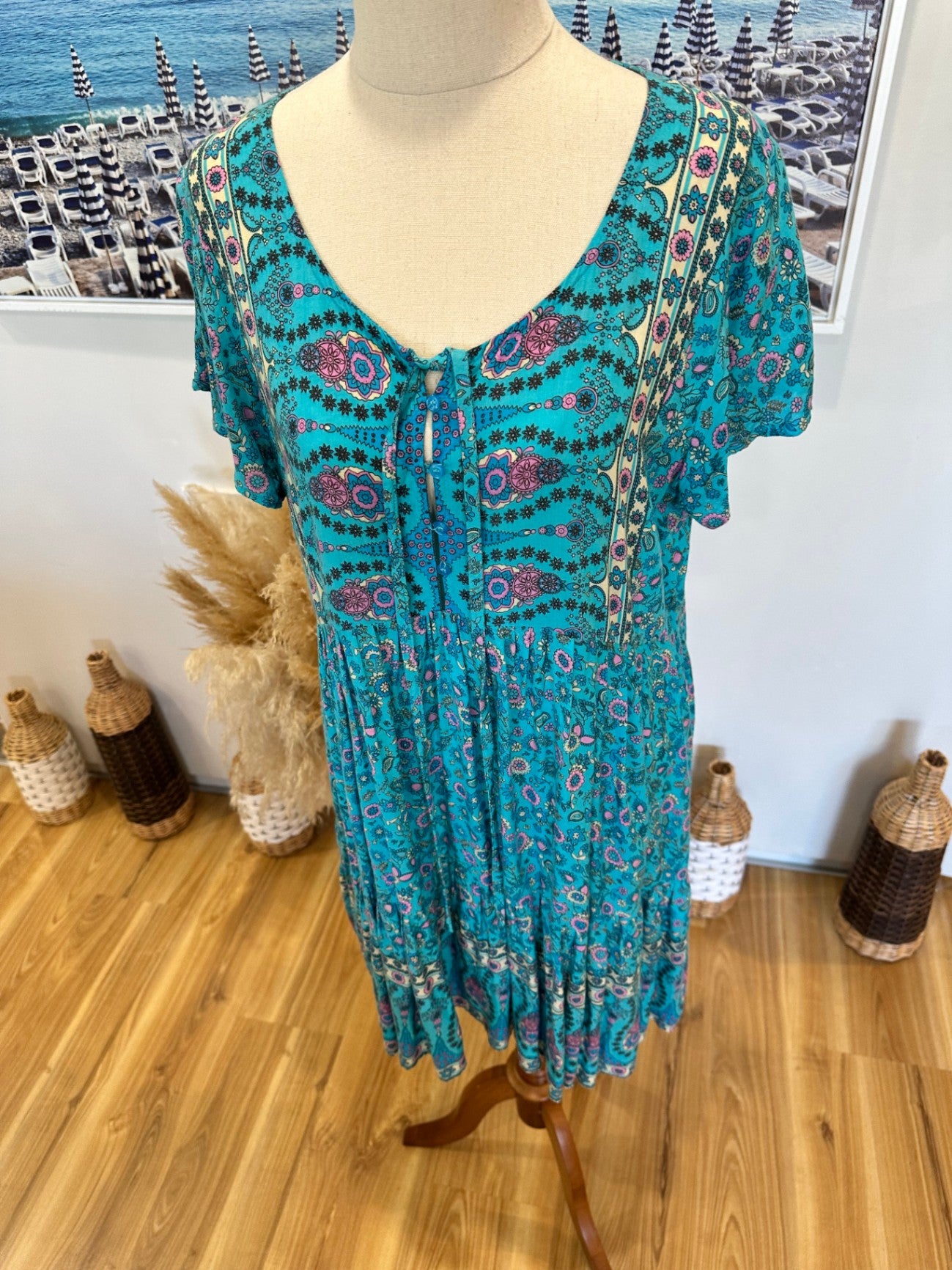 Vine Apparel - Bohemian Dress - Medium / Large - Blue with pink