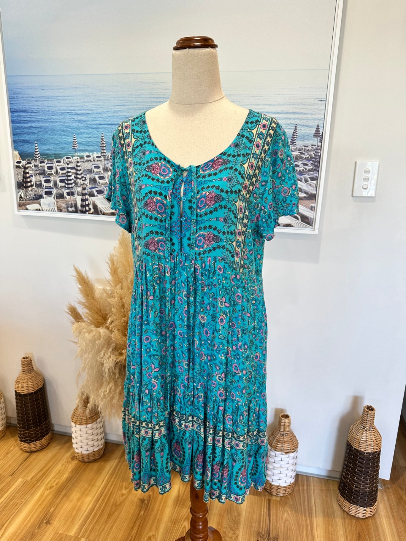 Vine Apparel - Bohemian Dress - Medium / Large - Blue with pink