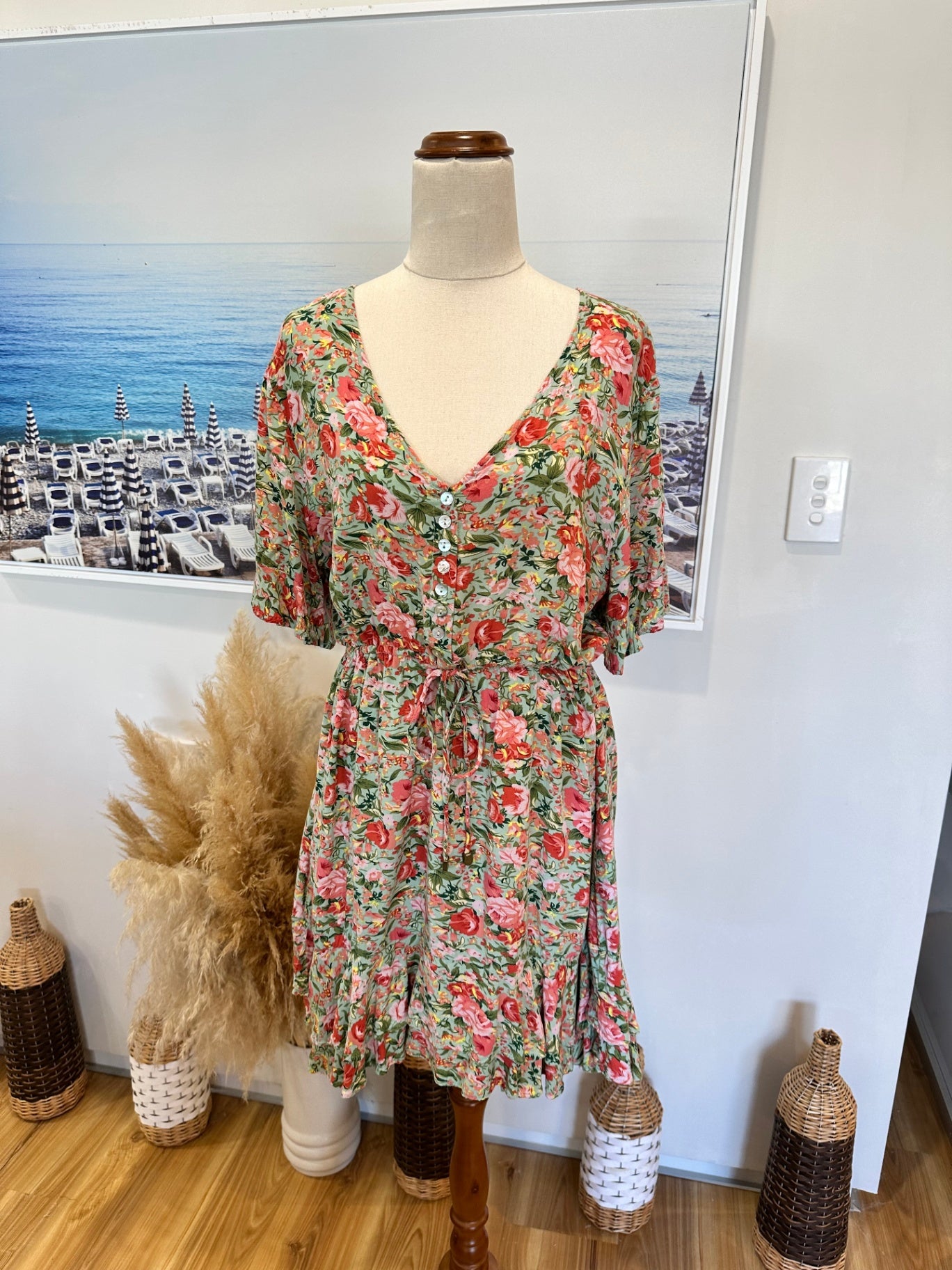 Zen Garden - Bohemian Dress - Large - Pink + Green