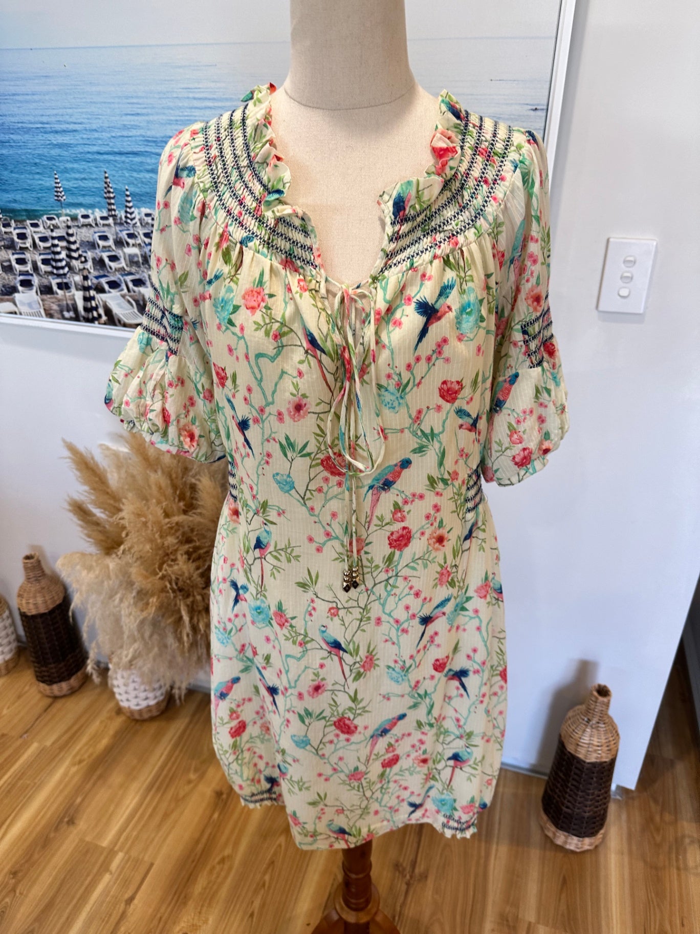 H&M Collab - Bohemian Dress - Size 8 - Lemon / Aqua / Pink 