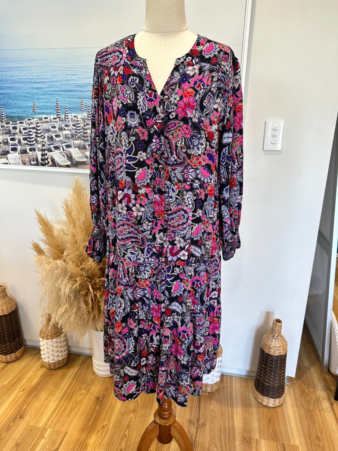 Virtuelle Bohemian Dress - Size 14 - Navy / Purple / Pink