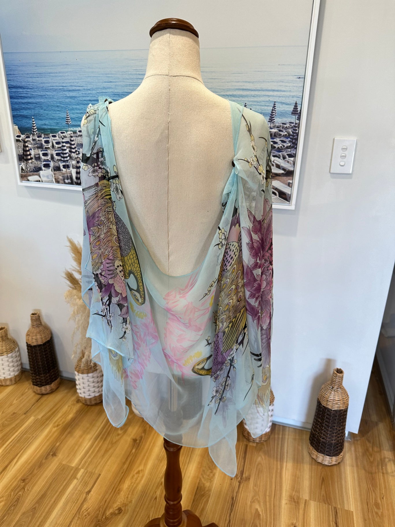 Kaftan - Offshoulder Top - Pale Blue w Peacock print