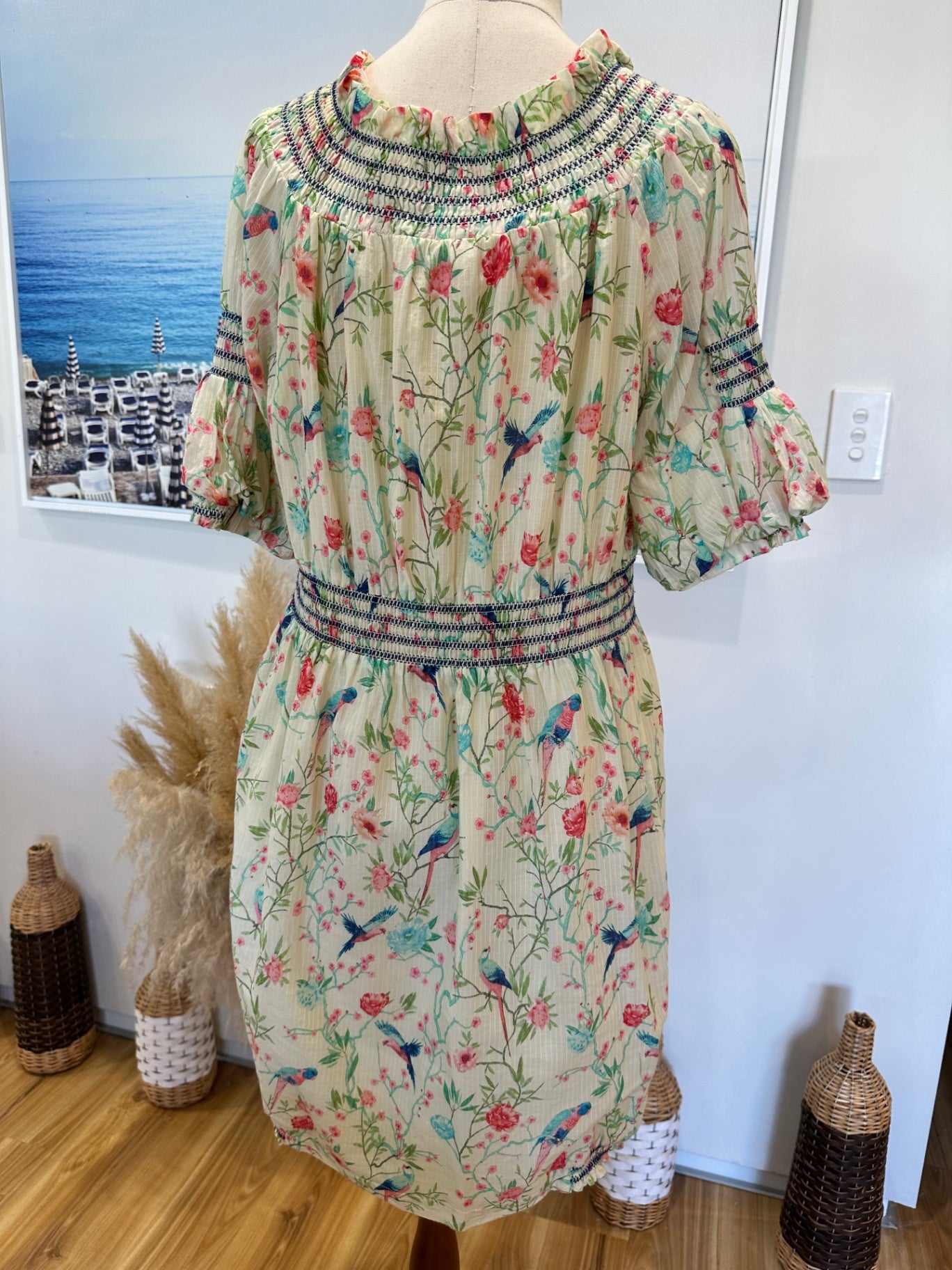 H&M Collab - Bohemian Dress - Size 8 - Lemon / Aqua / Pink 