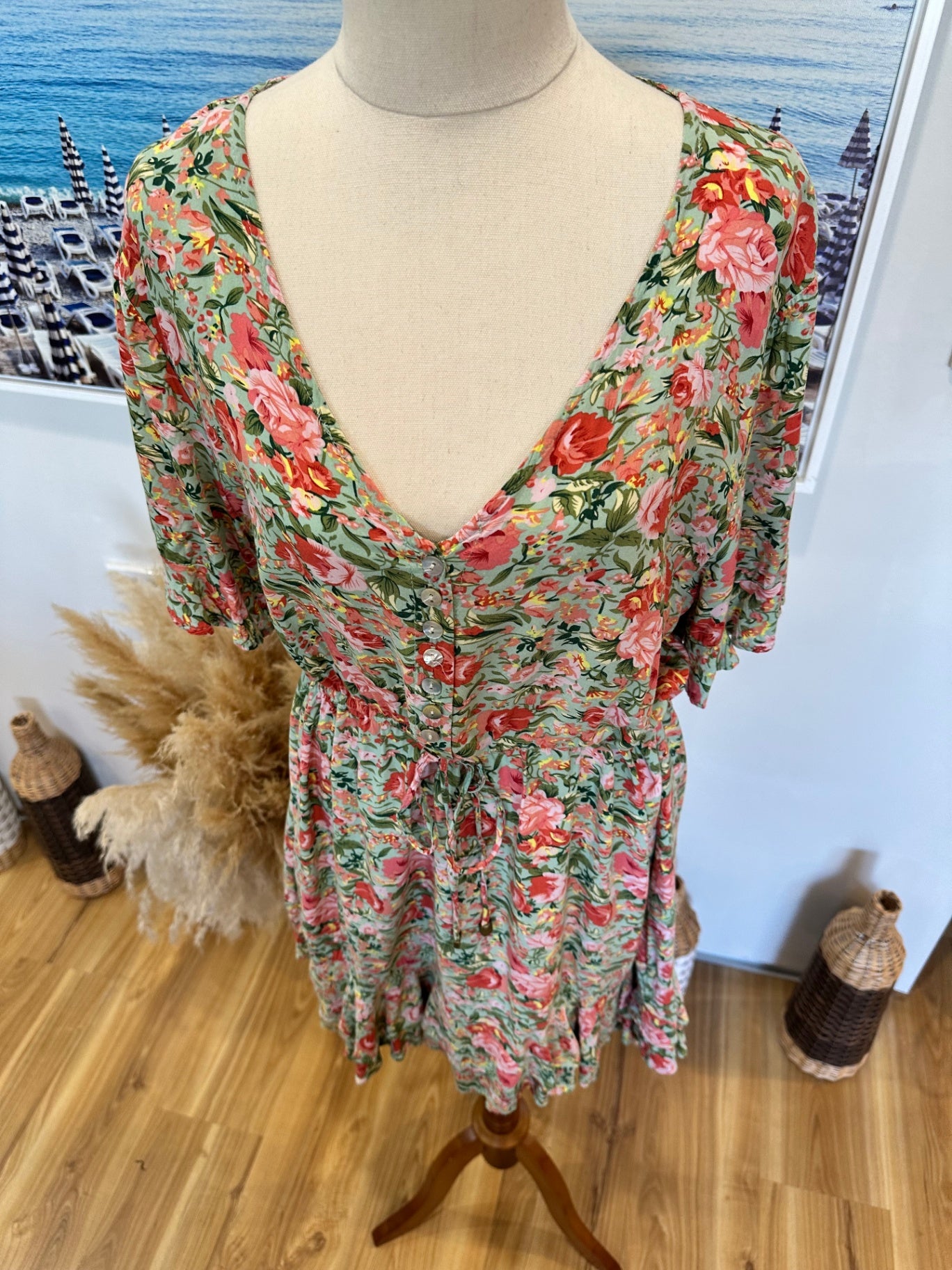 Zen Garden - Bohemian Dress - Large - Pink + Green