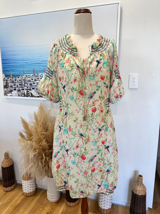 H&M Collab - Bohemian Dress - Size 8 - Lemon / Aqua / Pink 