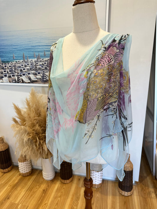 Kaftan - Offshoulder Top - Pale Blue w Peacock print