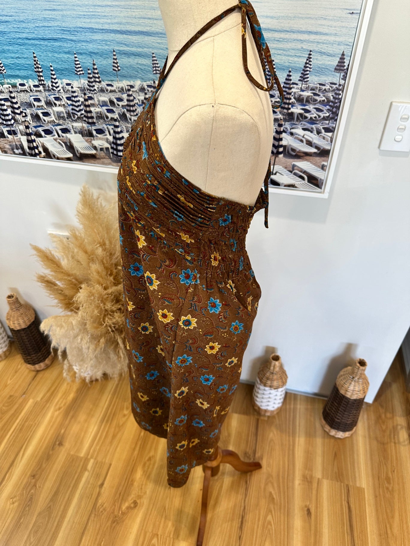 Karmasauticals - Bohemian Halterneck Dress - One Size - Brown with blue 