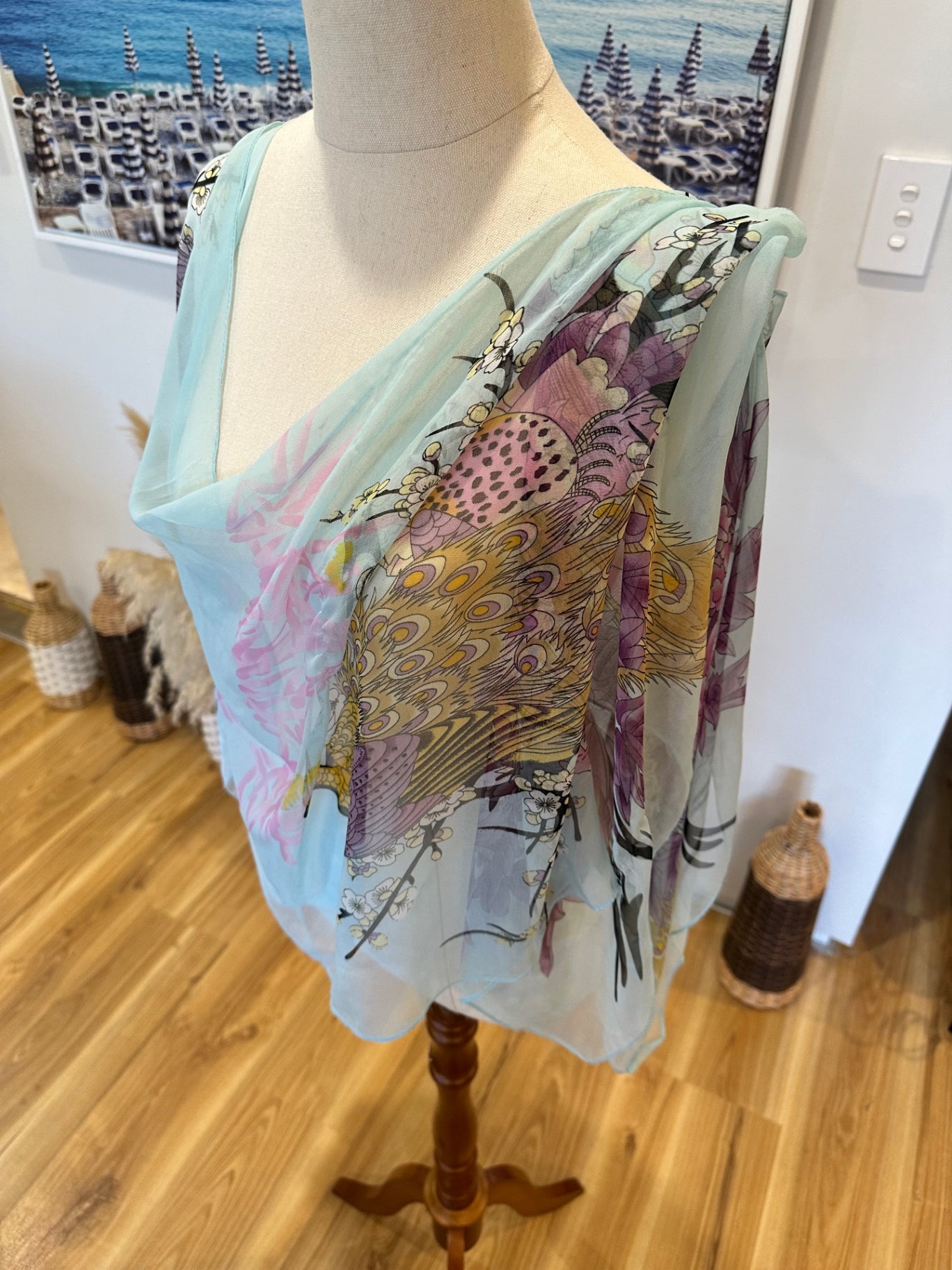 Kaftan - Offshoulder Top - Pale Blue w Peacock print