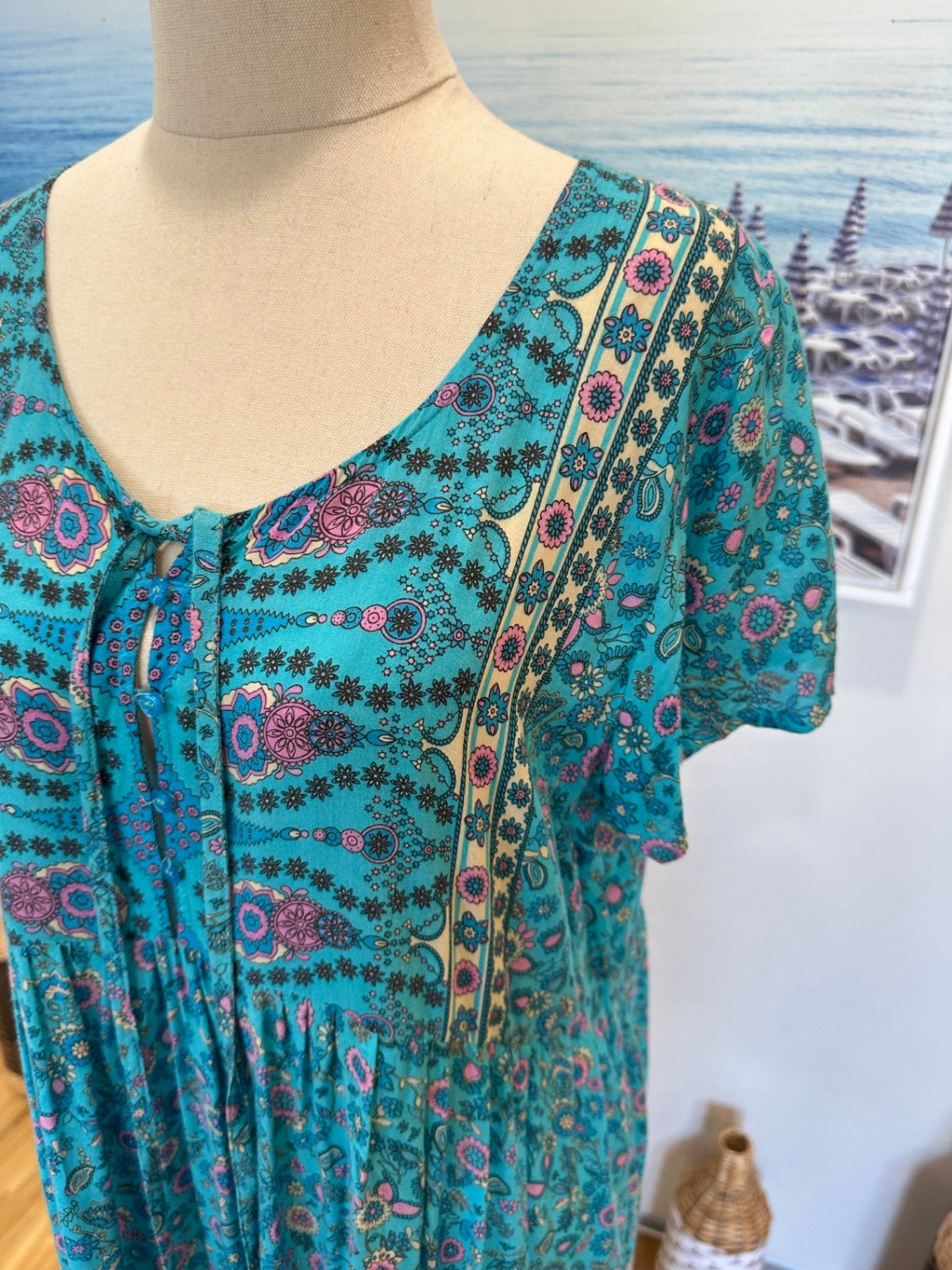 Vine Apparel - Bohemian Dress - Medium / Large - Blue with pink