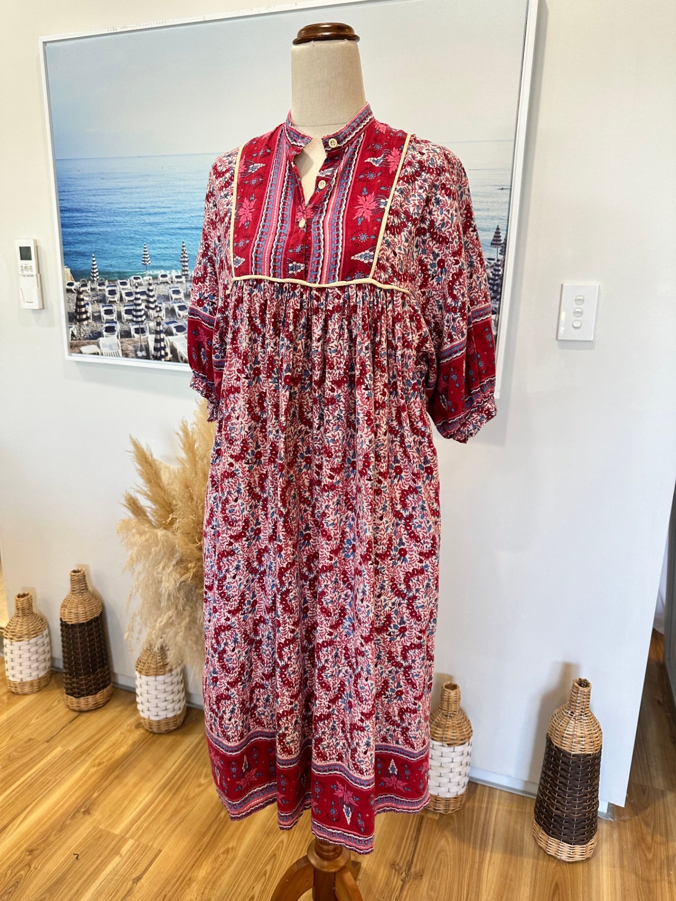Bohemian Dress - 100% Cotton - Size 12 - Red and multicolour
