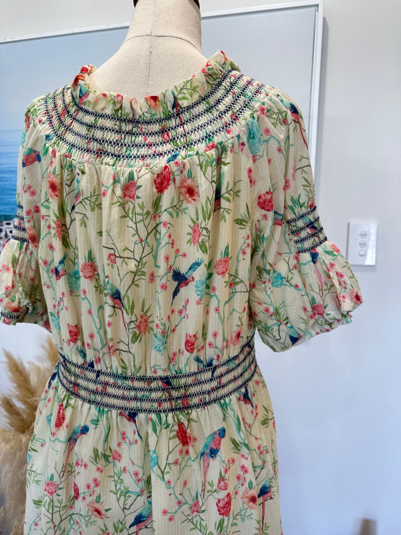 H&M Collab - Bohemian Dress - Size 8 - Lemon / Aqua / Pink 