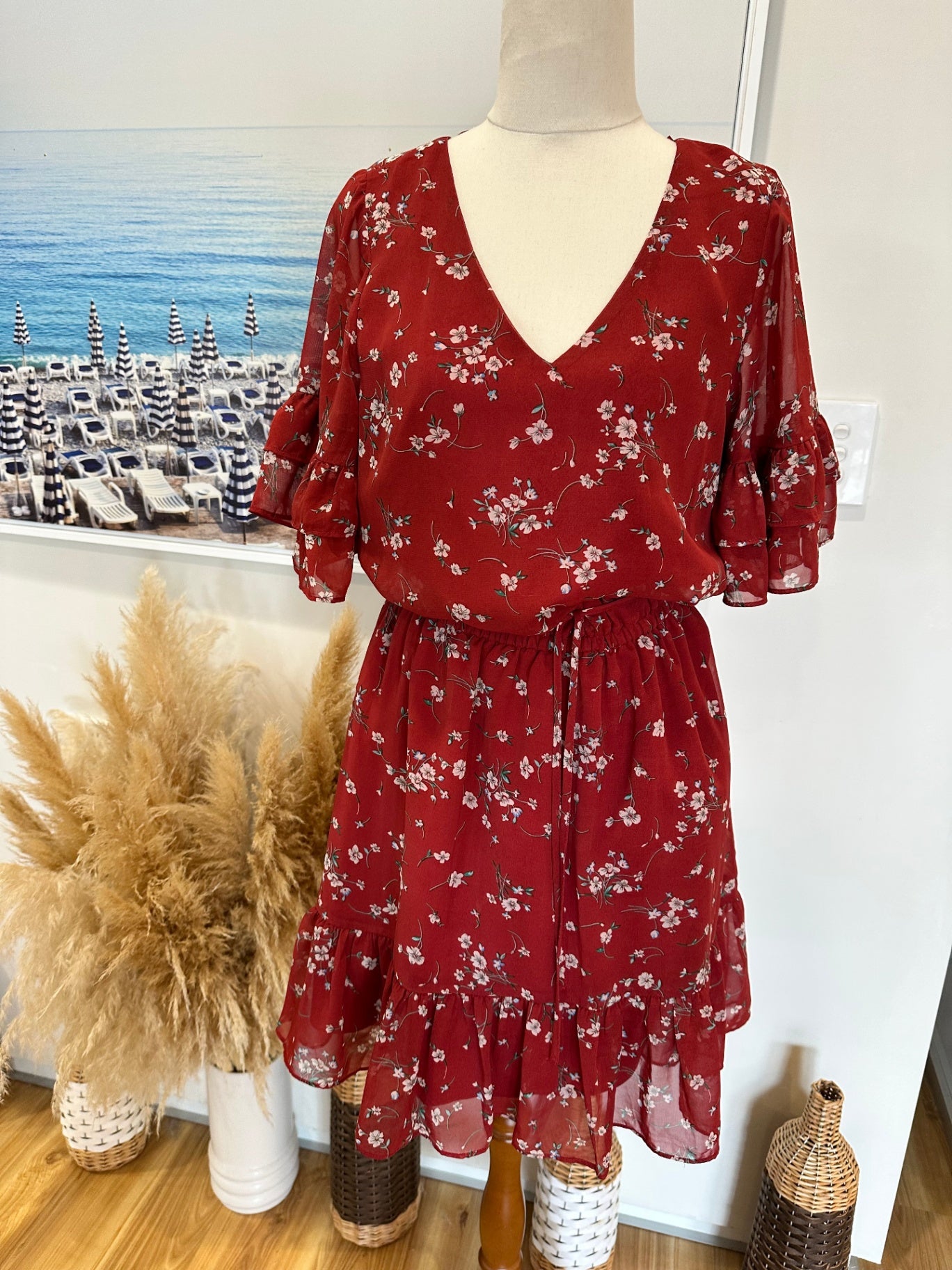 Seeking Lola - Dress - Size 8 - Rust Red w Flowers