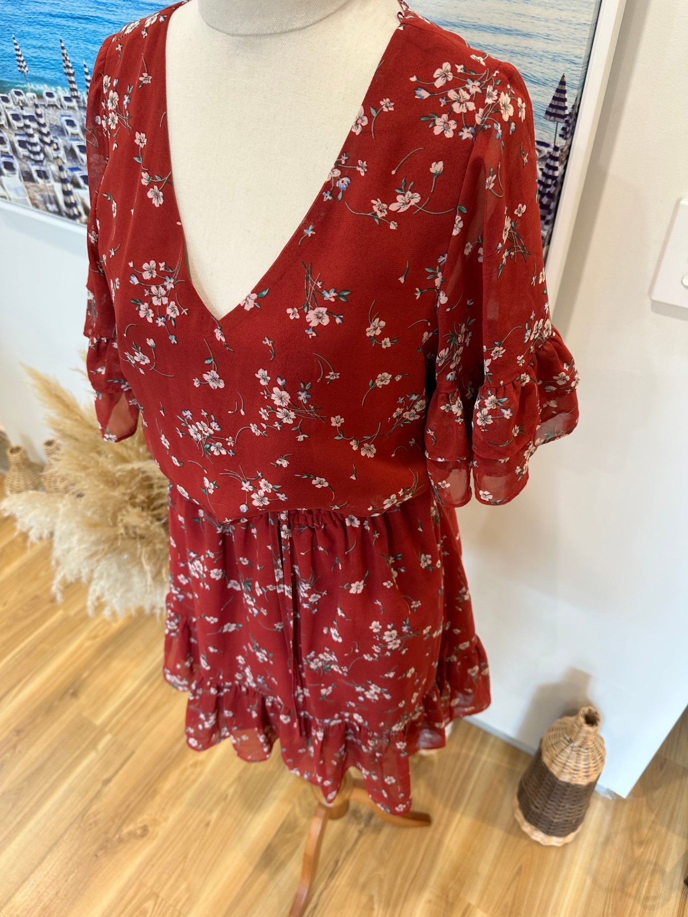 Seeking Lola - Dress - Size 8 - Rust Red w Flowers