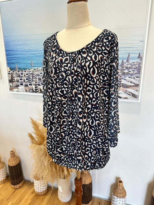 K&K Blouse - Size Small (approx 14) - Navy Animal Print