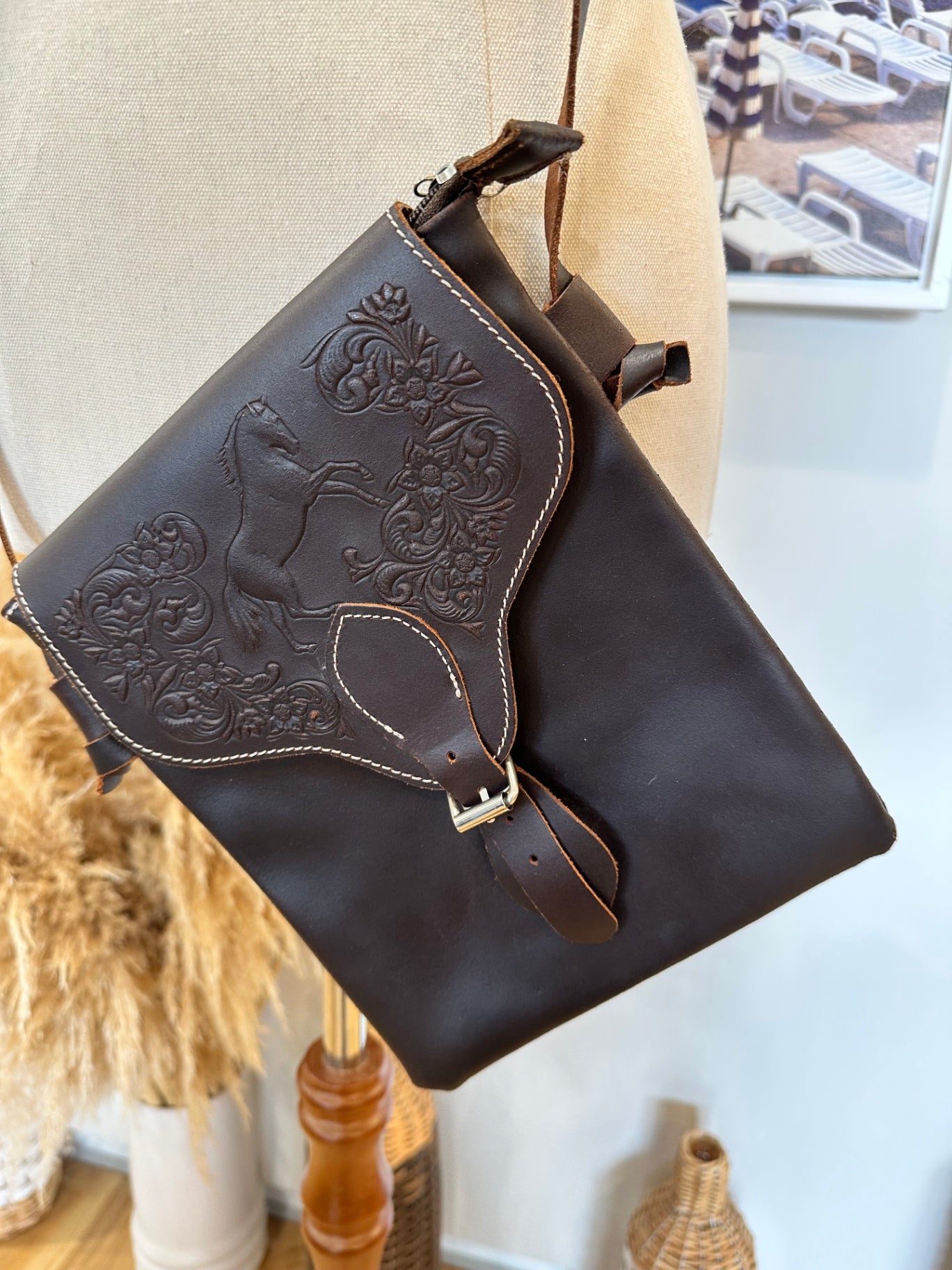 Horse Embossed - Small Brown Leather Handbag