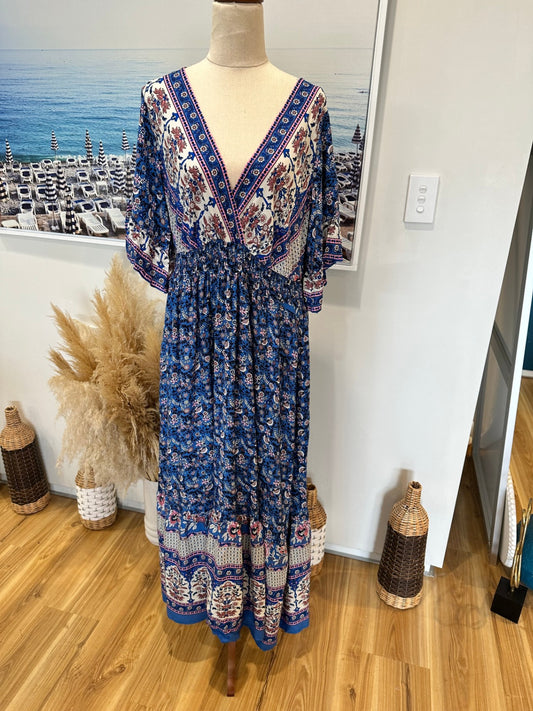 Rustty Dustty - Bohemian Maxi Dress - Extra Large - Blue + White 