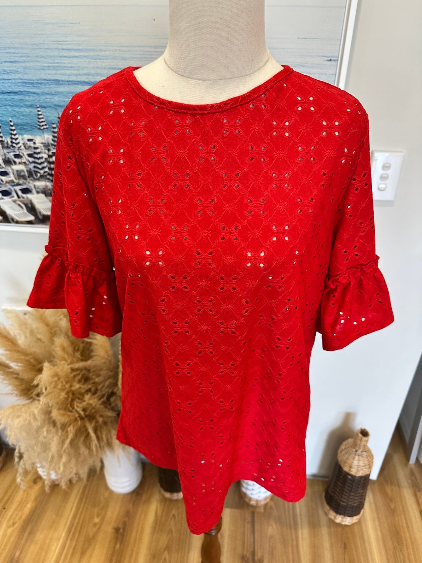 Red Top w Frill Shoulders - Medium / Large