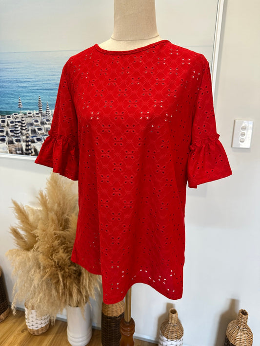 Red Top w Frill Shoulders - Medium / Large