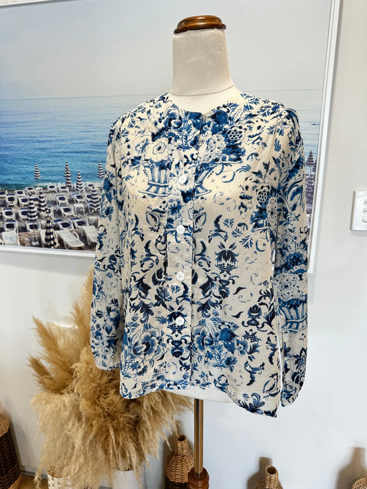 Art Style by Rebecca Herring Blouse - Size 10 - Blue + Cream