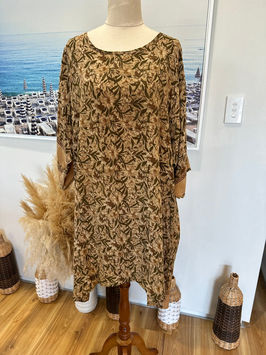 Sarah Jane - 100% Silk Dress - Medium - Beige with brown floral pattern