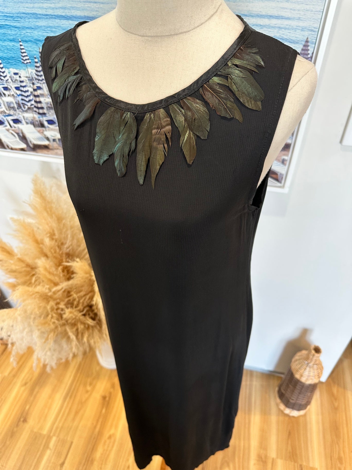 Flow - Made in New Zealand Dress - Small - Black w Feathers [Flaw on back]