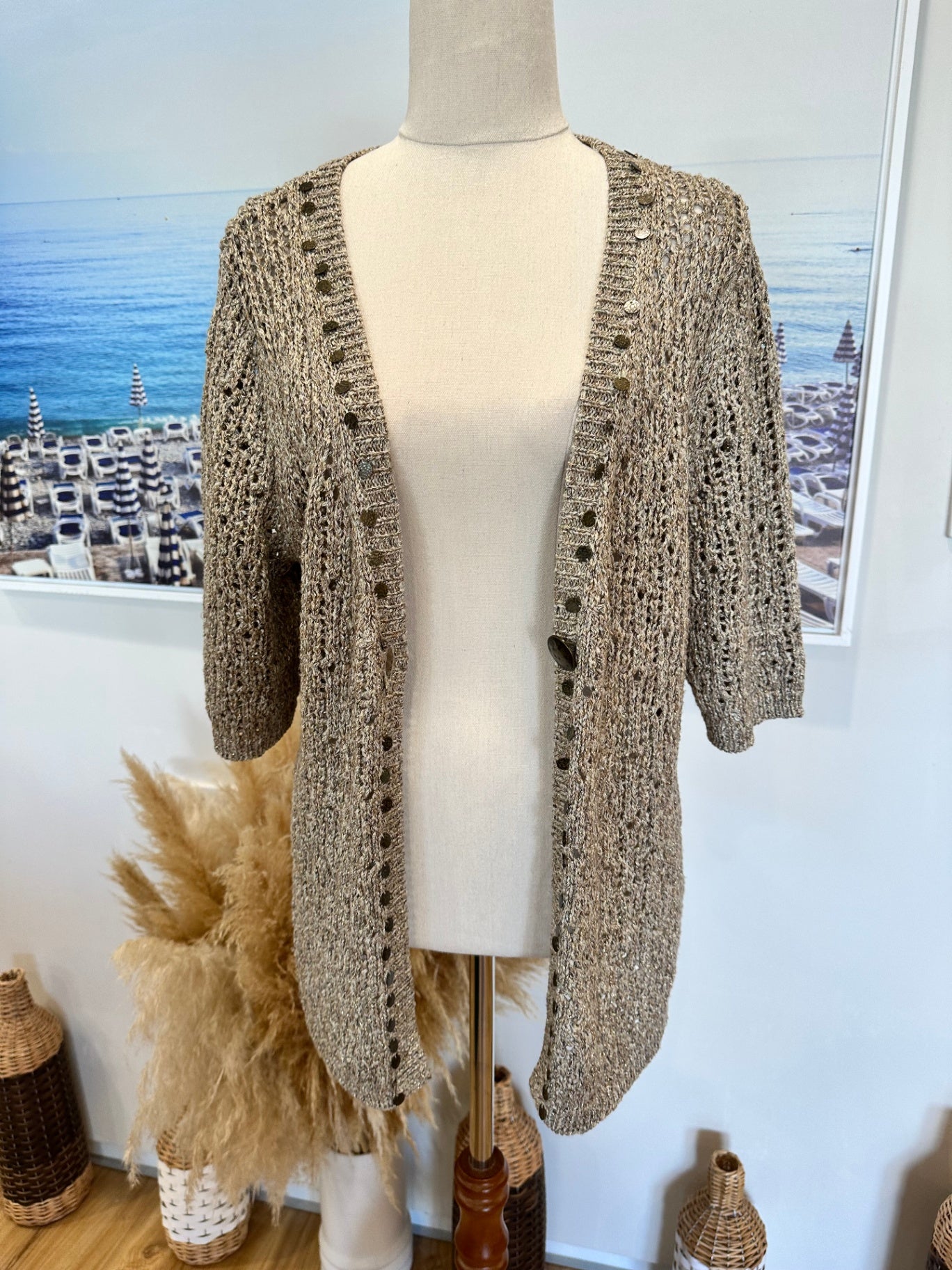 Per Una - Crochet Inspired Bohemian Cardigan - Size 16 - Beige + Gold