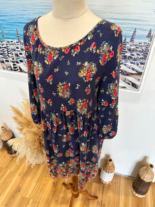 Bohemian Dress - Small - Navy blue with floral print
