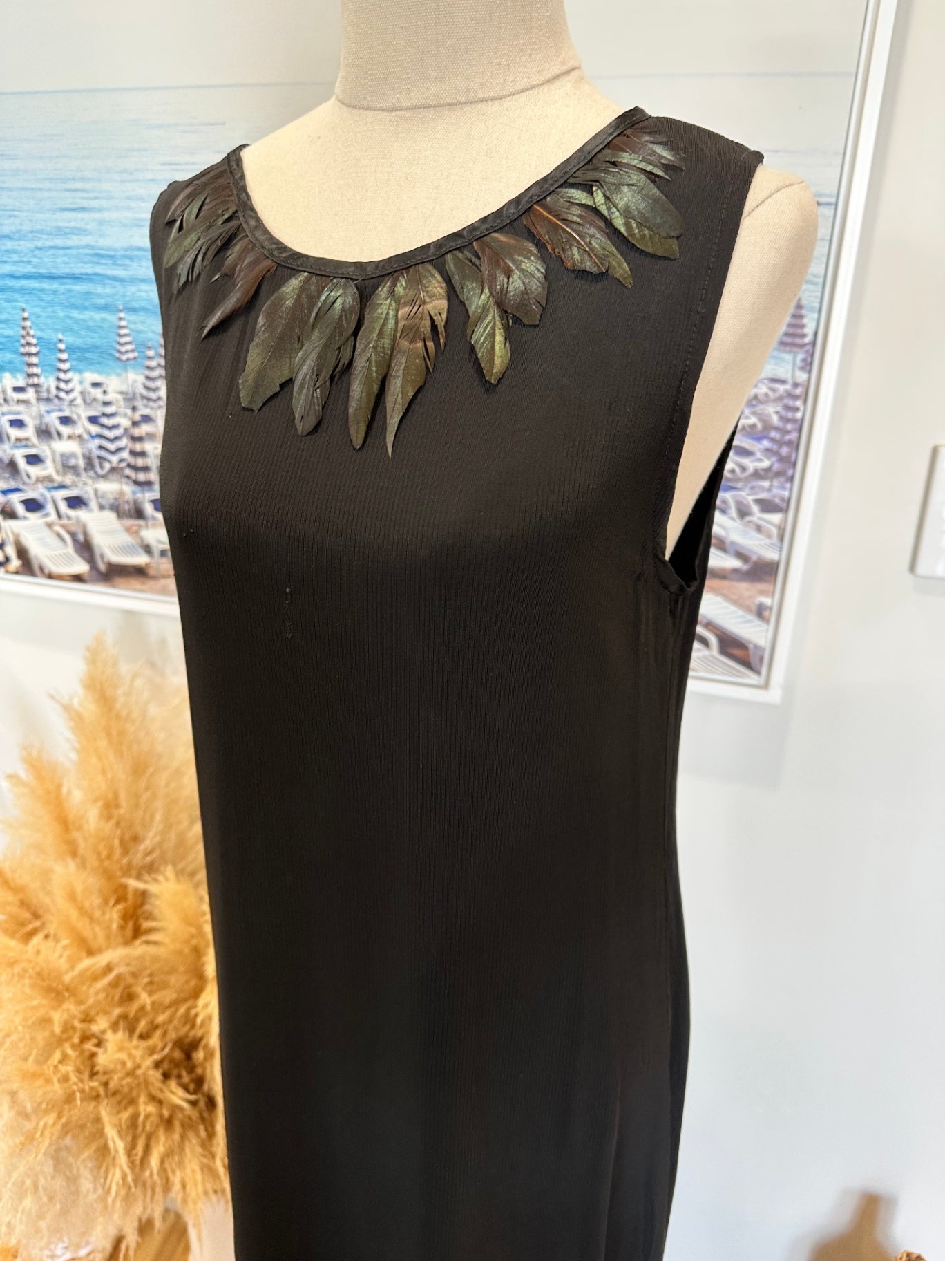 Flow - Made in New Zealand Dress - Small - Black w Feathers [Flaw on back]