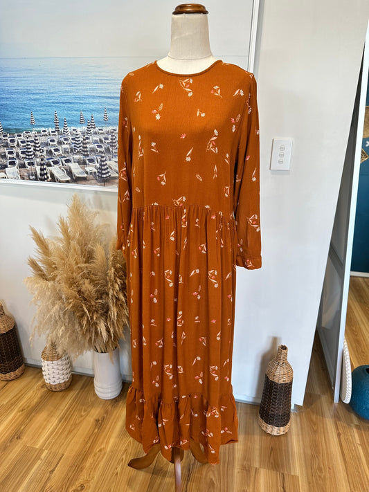 Whistle Maxi Dress 10 Rust Orange with Floral Pattern