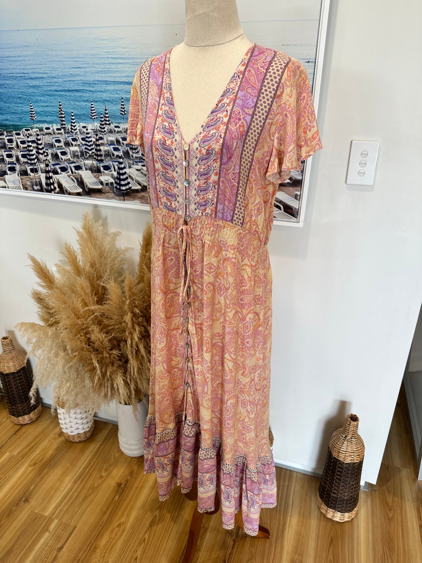 Salty Bright - Bohemian Dress - Size 8 - Pink, purple, orange, beige