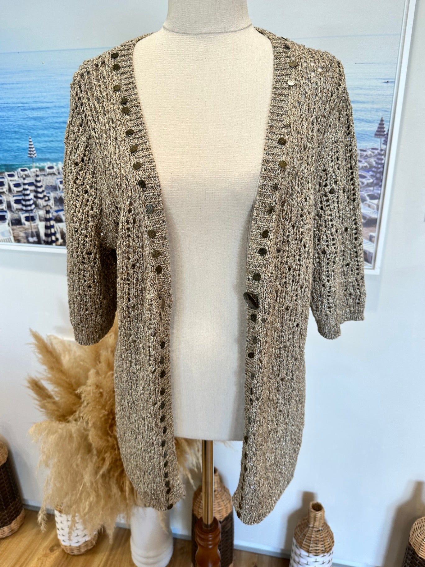 Per Una - Crochet Inspired Bohemian Cardigan - Size 16 - Beige + Gold