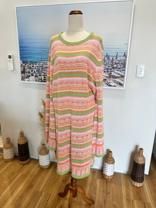 Crochet Inspired Dress - Extra Large - Pink, Green, Orange, White