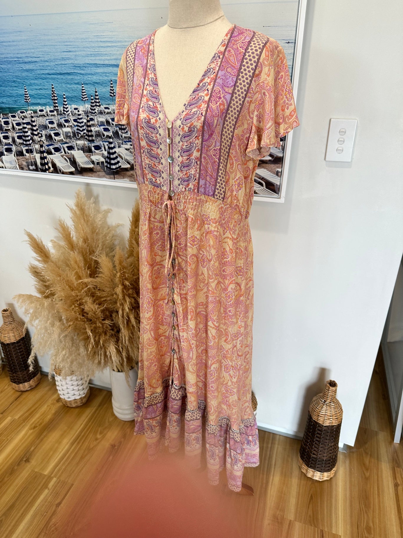 Salty Bright - Bohemian Dress - Size 8 - Pink, purple, orange, beige
