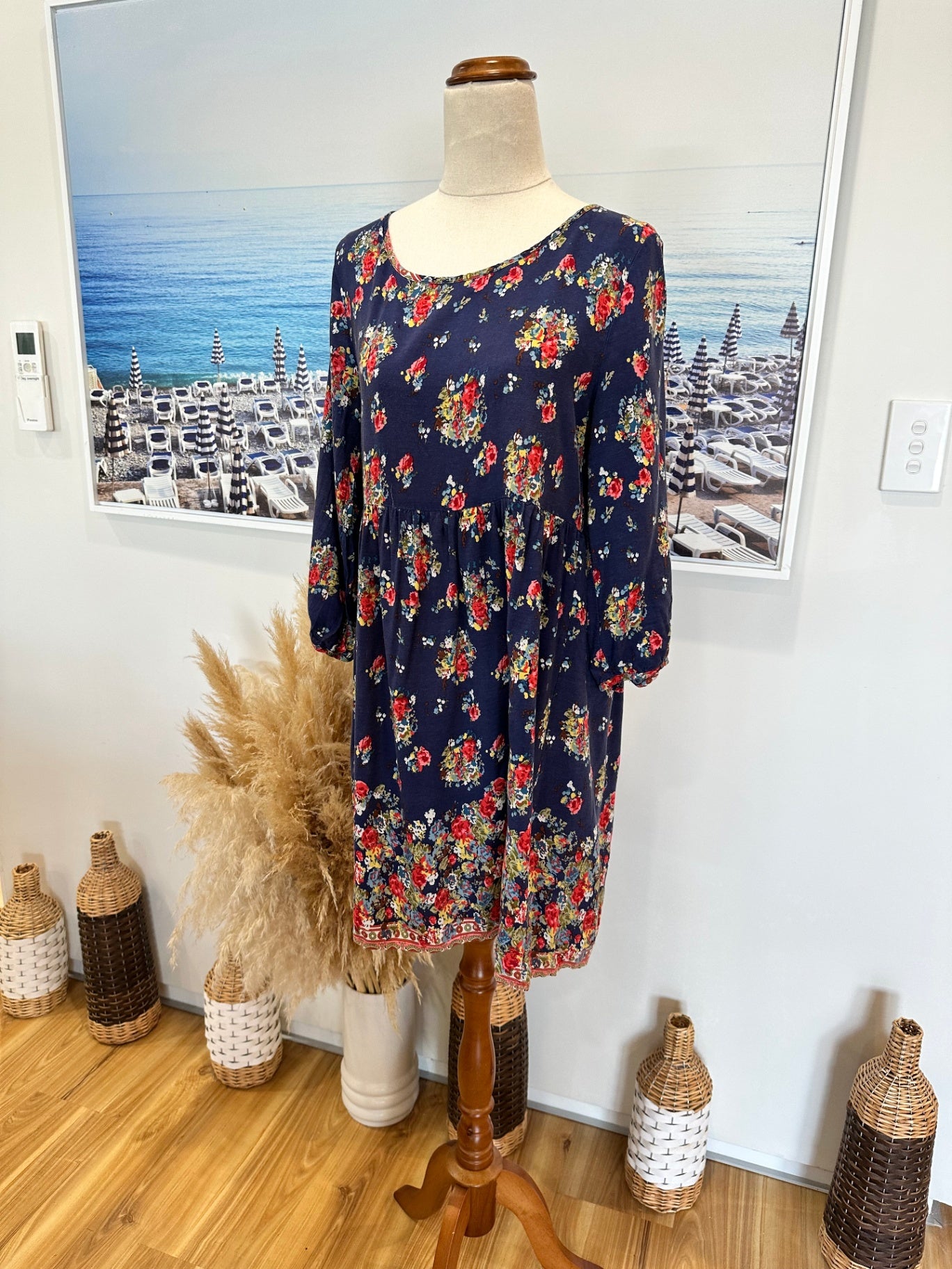 Bohemian Dress - Small - Navy blue with floral print