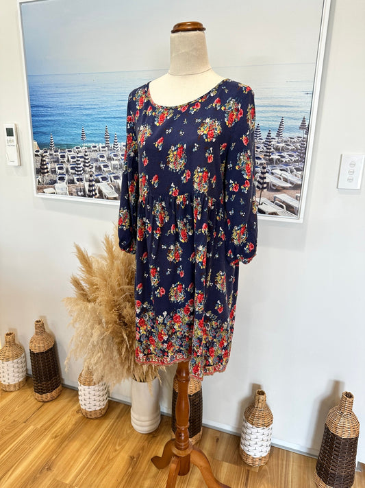 Bohemian Dress - Small - Navy blue with floral print