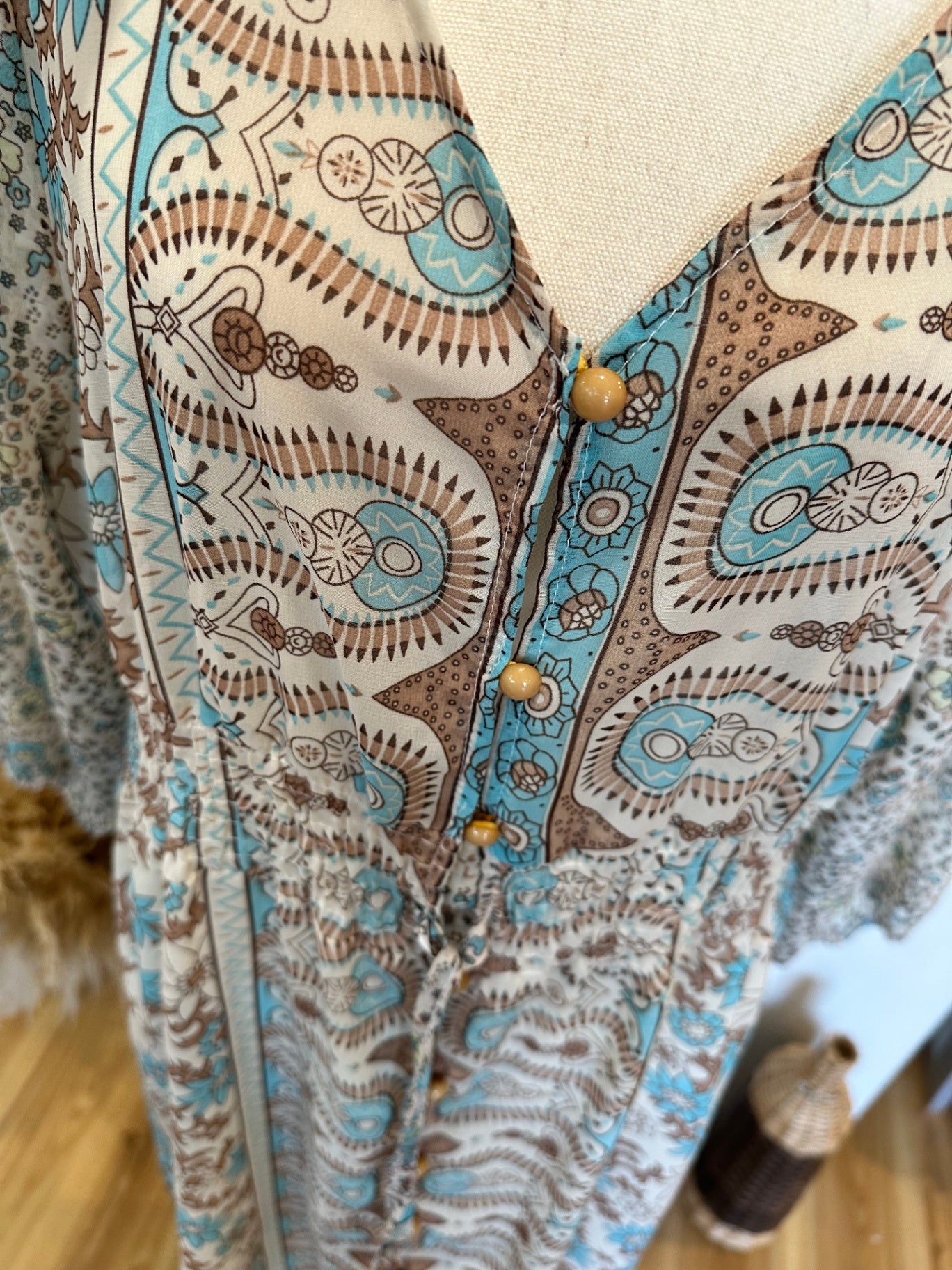 Bohemian Maxi Dress - Large / Extra Large - Beige with blue, brown, and black floral and paisley print
