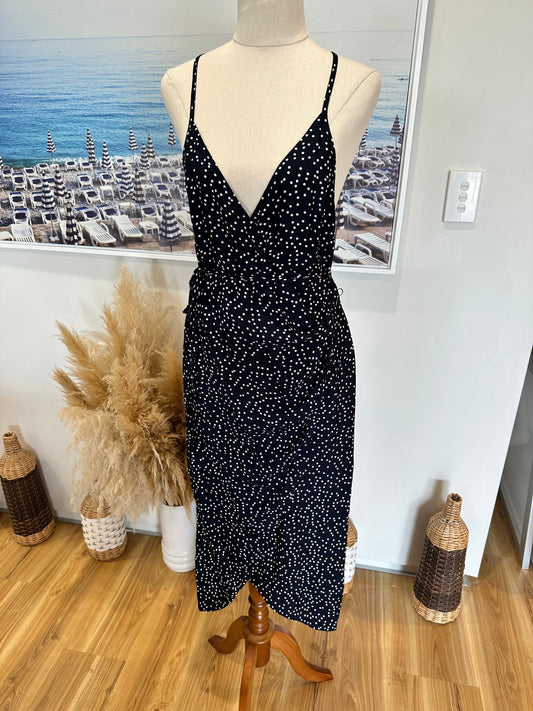 Bec + Bridge Dress - Size 10 - Navy blue with white polka dots