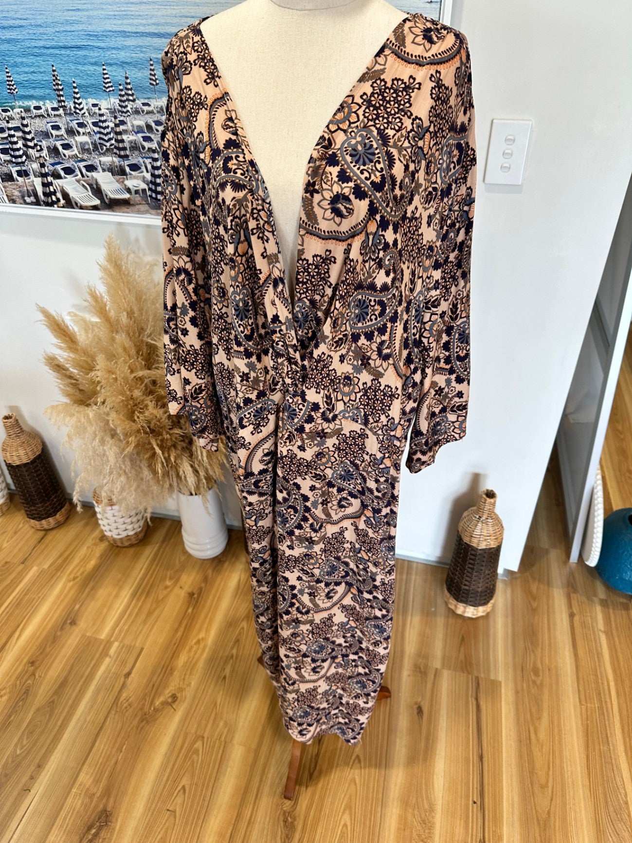 Sara - Bohemian Dress - Size 20 - Beige with navy and rust patterns