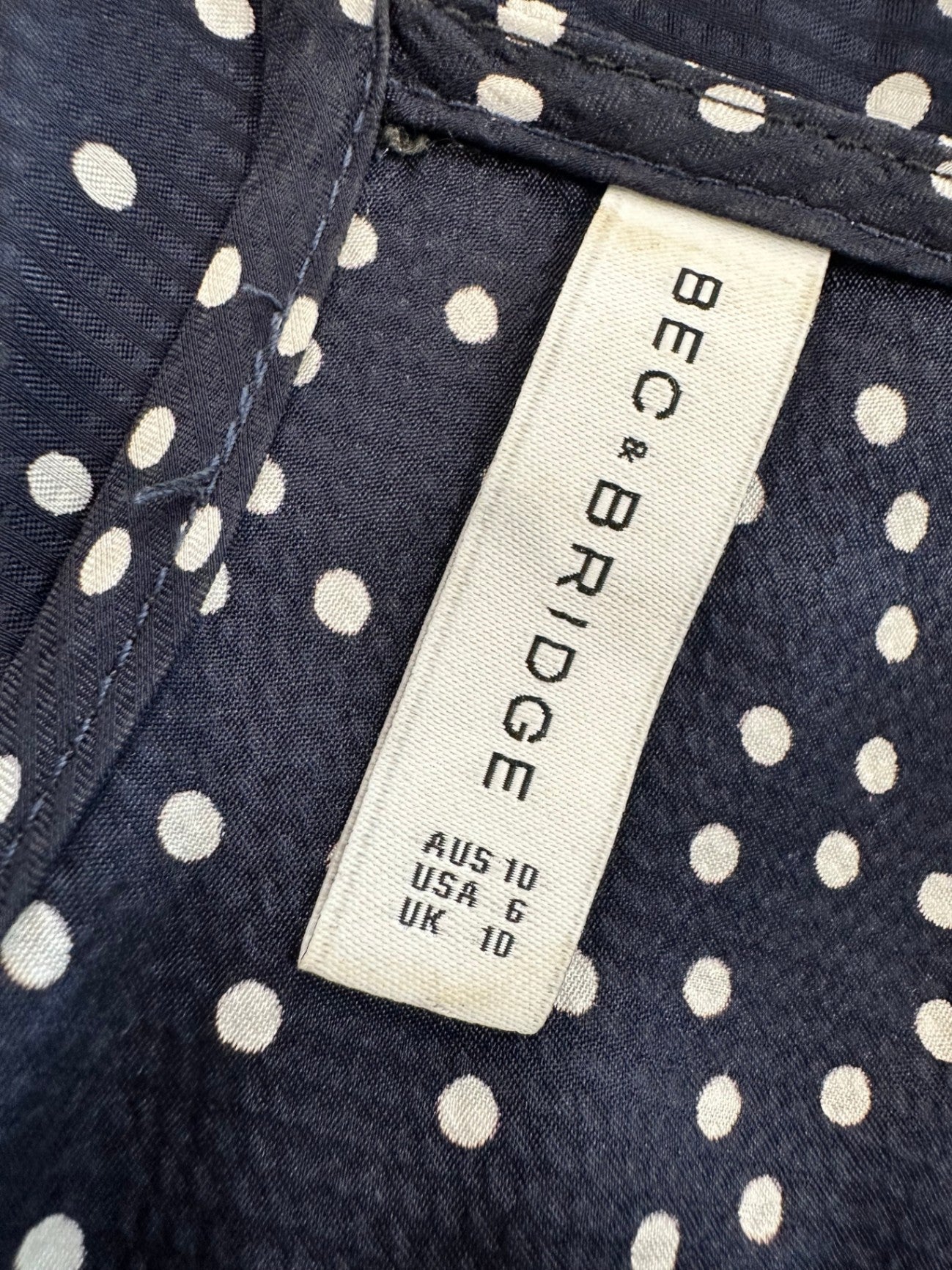 Bec + Bridge Dress - Size 10 - Navy blue with white polka dots