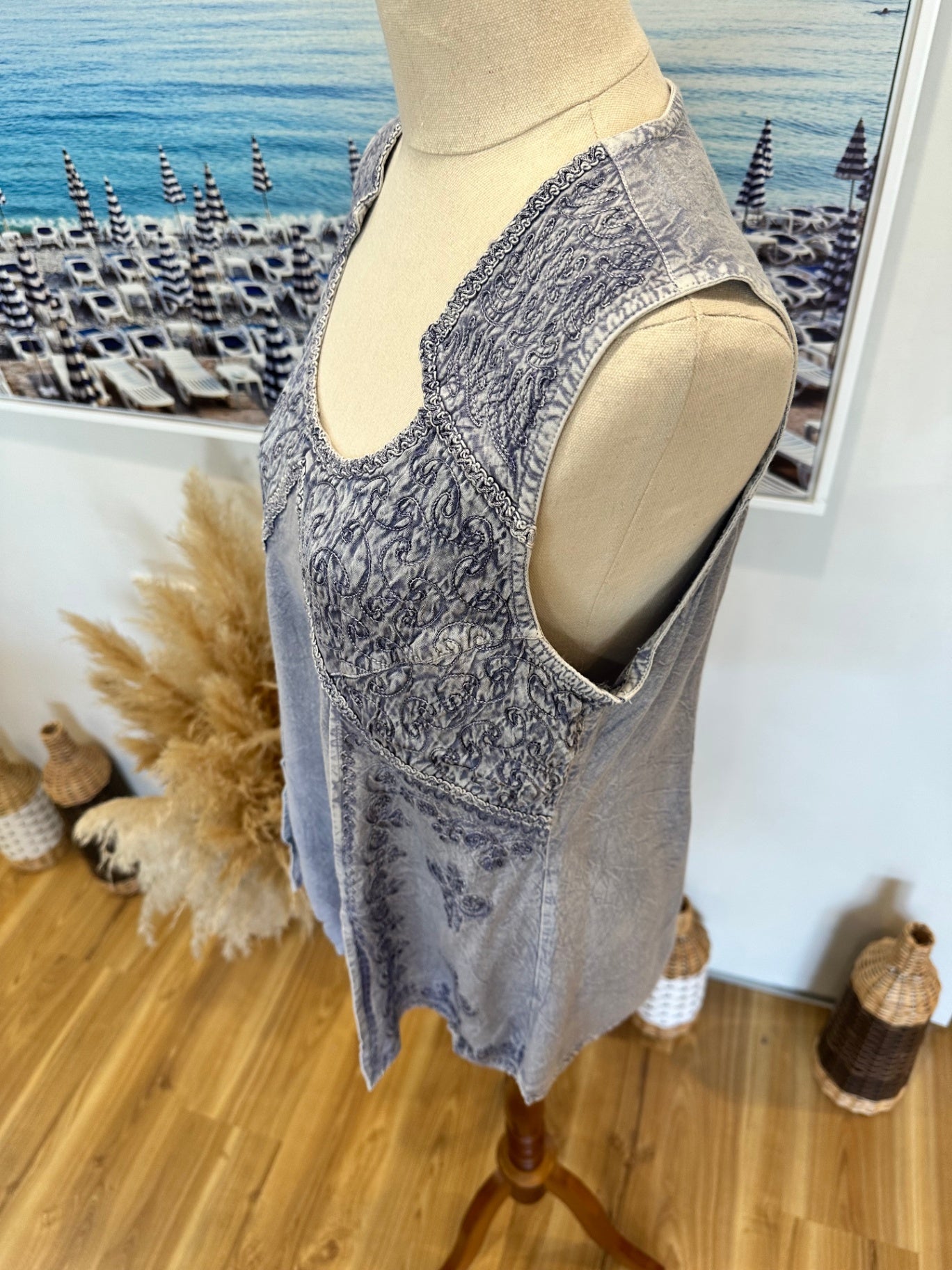 Bohemian Blouse - Medium / Large - Pale Blue w Embroidery