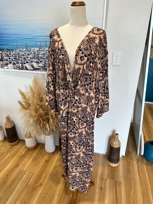 Sara - Bohemian Dress - Size 20 - Beige with navy and rust patterns