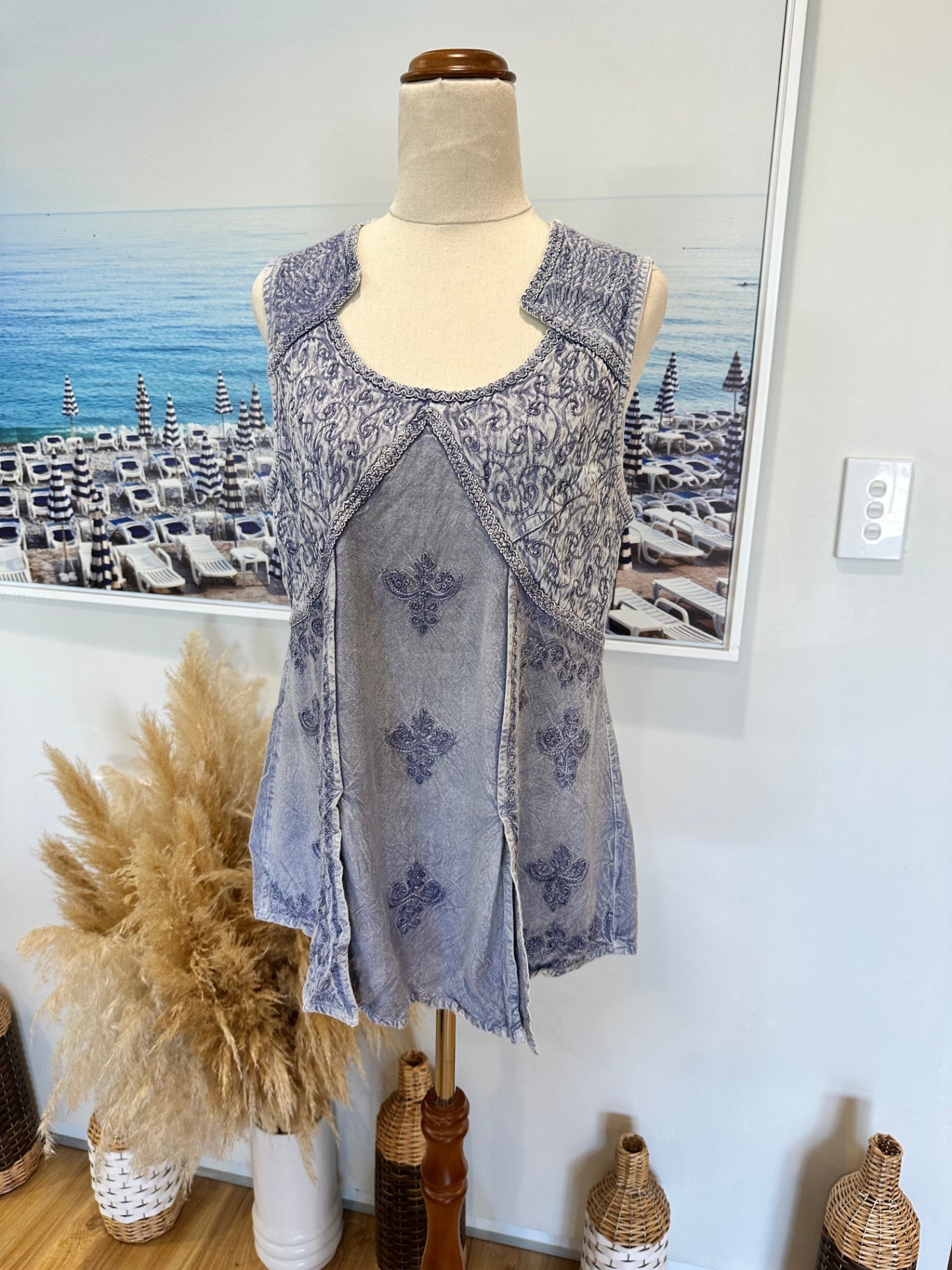Bohemian Blouse - Medium / Large - Pale Blue w Embroidery