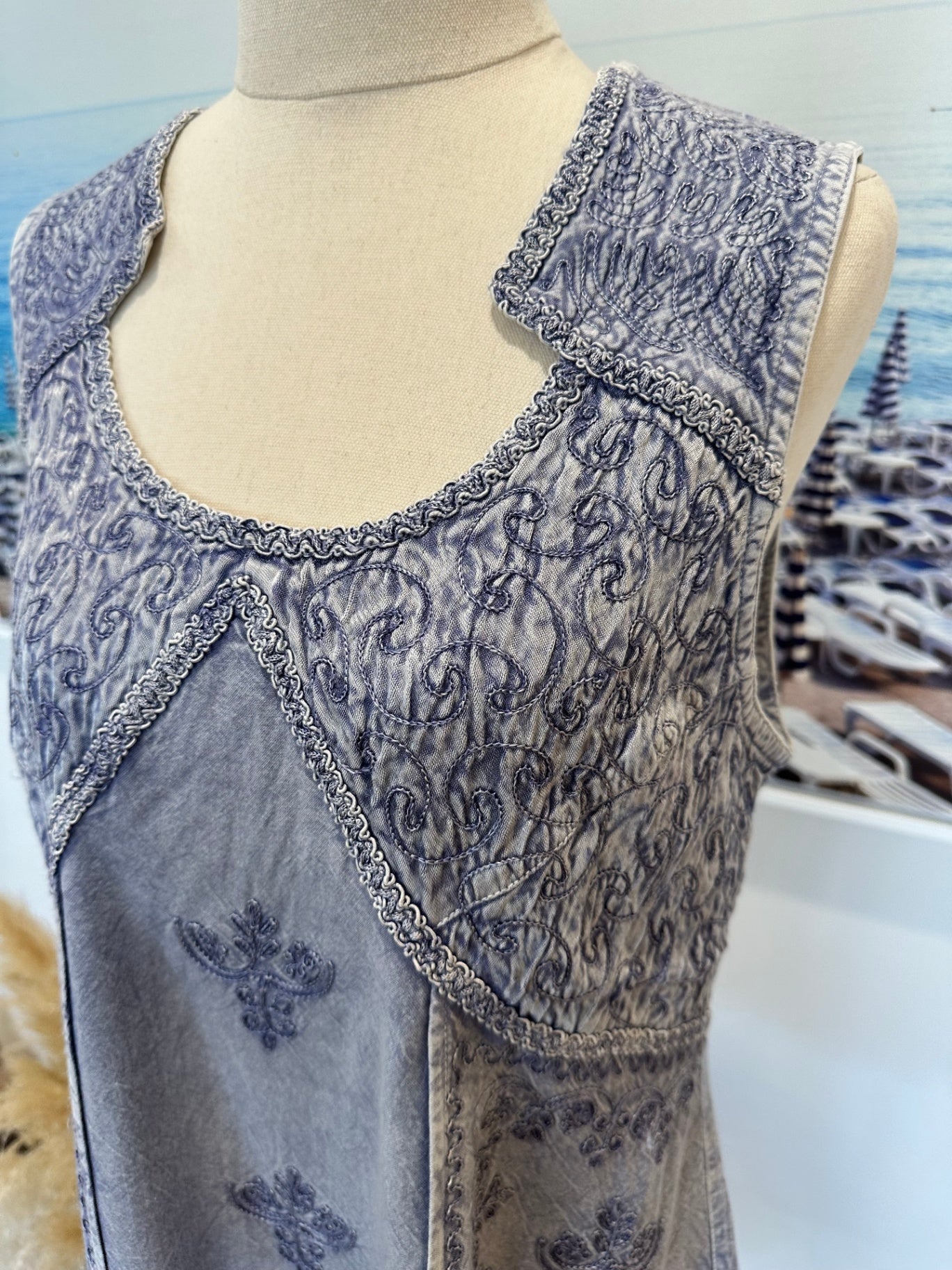 Bohemian Blouse - Medium / Large - Pale Blue w Embroidery