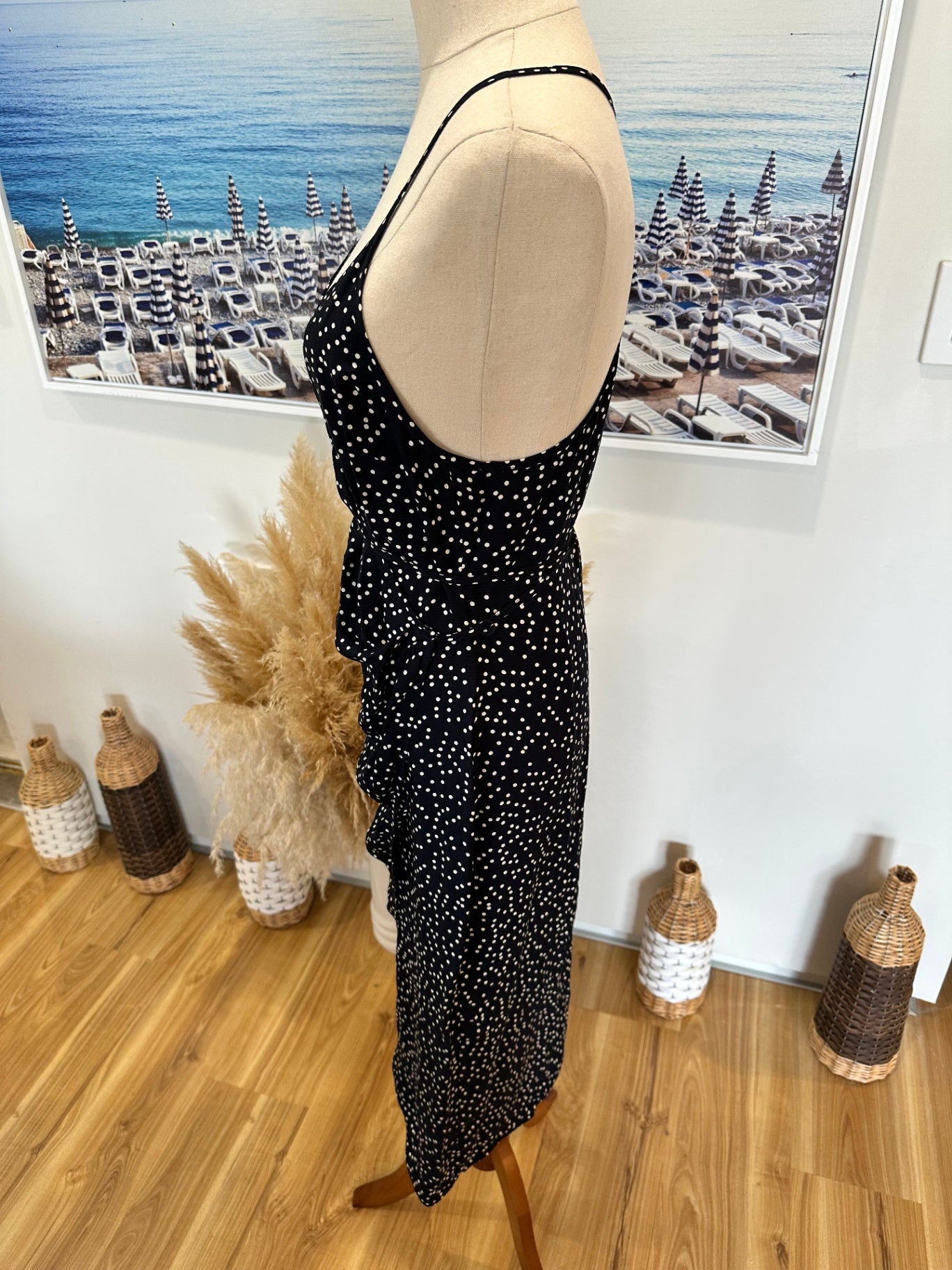 Bec + Bridge Dress - Size 10 - Navy blue with white polka dots