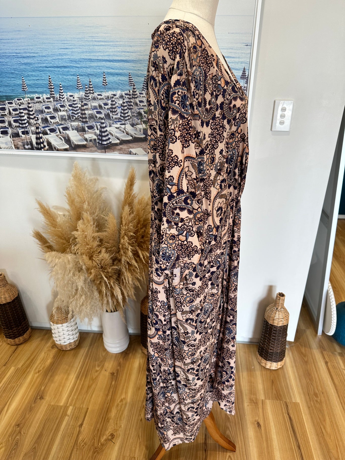 Sara - Bohemian Dress - Size 20 - Beige with navy and rust patterns