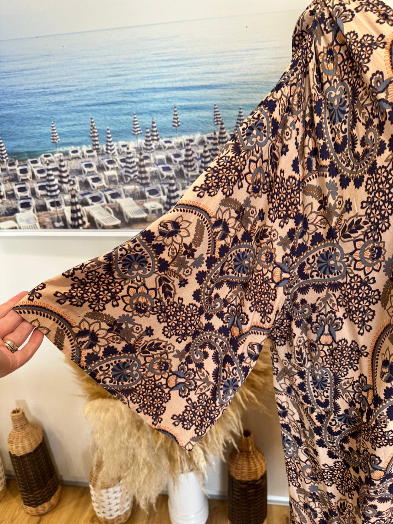 Sara - Bohemian Dress - Size 20 - Beige with navy and rust patterns