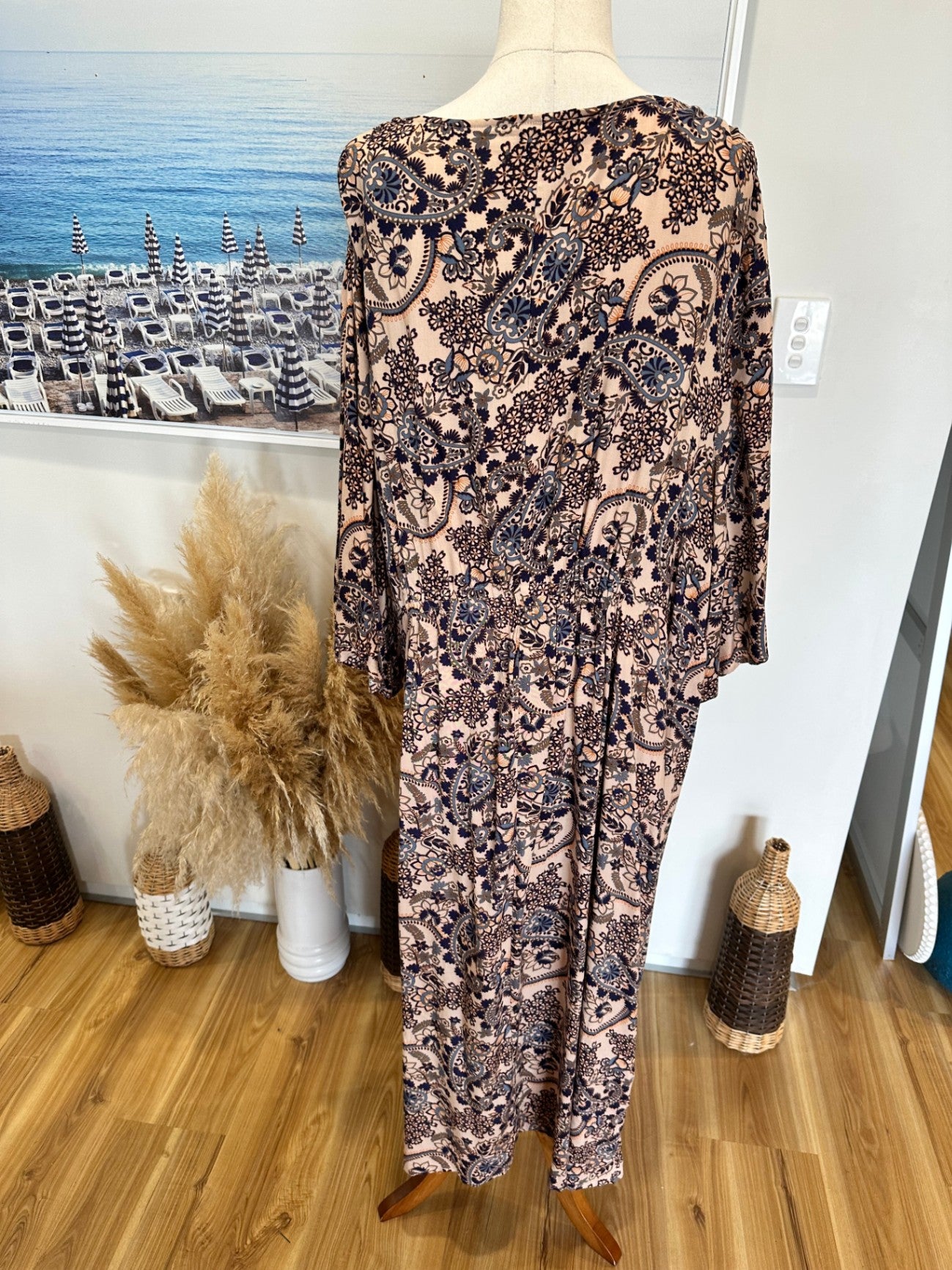 Sara - Bohemian Dress - Size 20 - Beige with navy and rust patterns